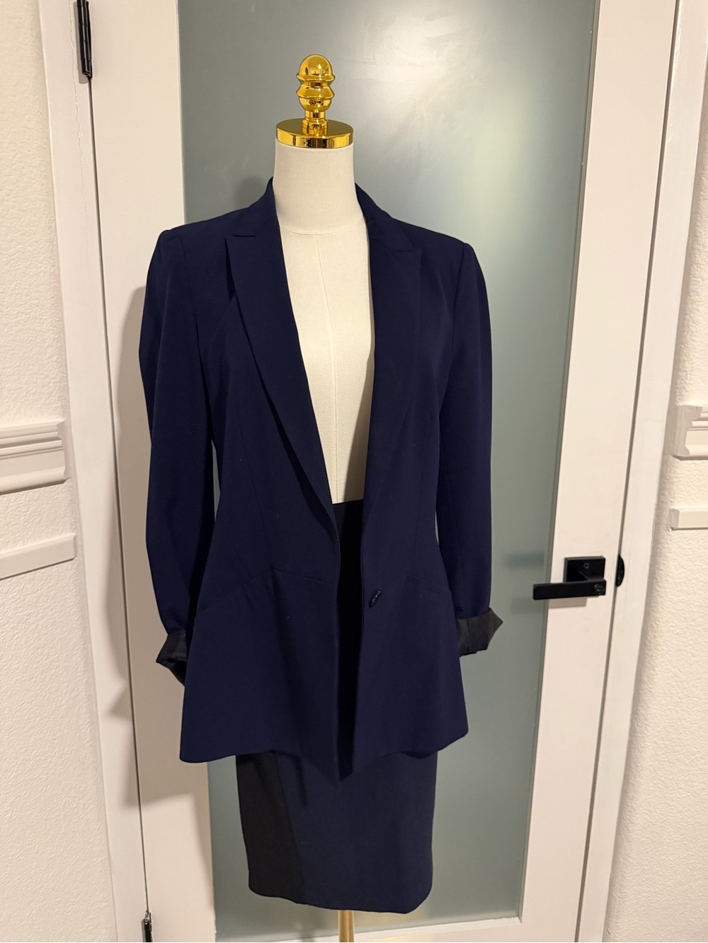 Zara Dark Navy Single-Button Tailored Blazer and Skirt Suit
